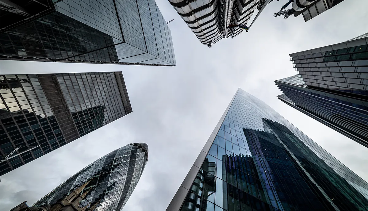 Bottom view of modern skyscrapers in business district.