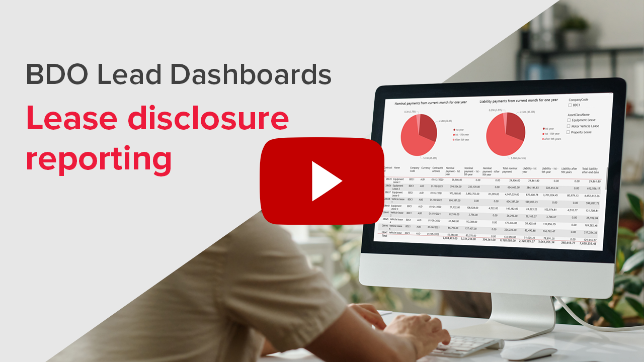 Dashboard four. BDO Lead dashboard demo - Disclosure reporting for lease payments and liability movements. Click to watch on YouTube.