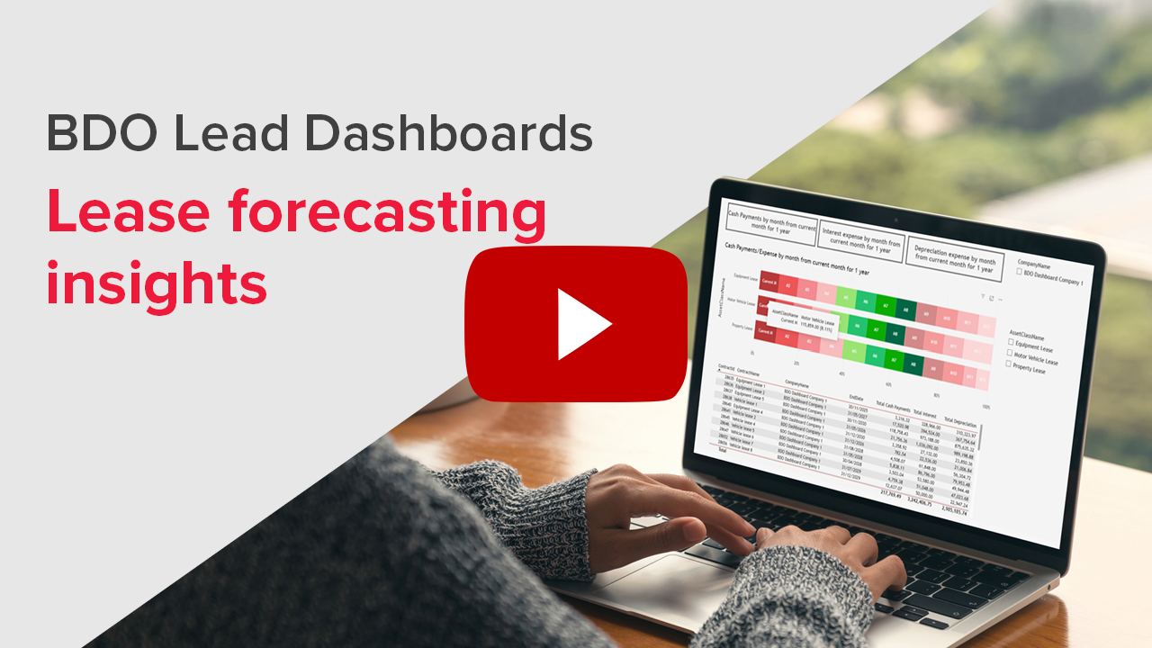Dashboard three. BDO Lead dashboard demo - Forecasting insights for cashflows, depreciation and interest. Click to watch on YouTube.
