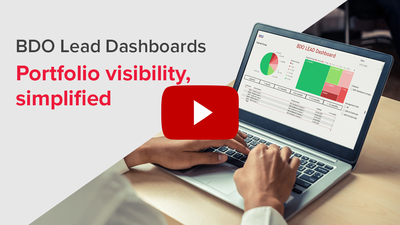 Dashboard one. BDO Lead dashboard demo - lease portfolio overview. Click to watch on YouTube.