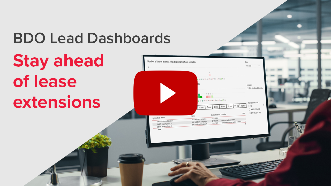 Dashboard two. BDO Lead dashboard demo - leases with extension options. Click to watch on YouTube.