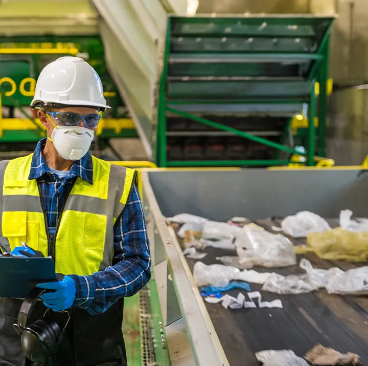 A worker supervises a waste conveyor belt