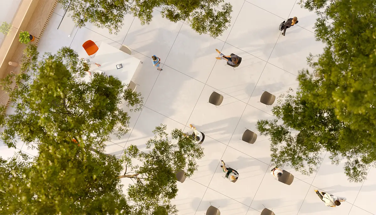 People walk around a courtyard